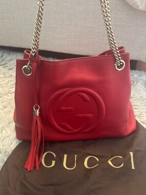 Gucci Red Pebbled Leather Shoulder Bag with Tassel and Chain Straps